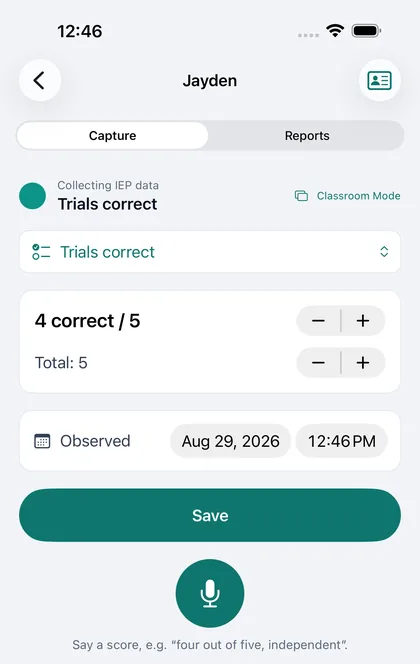 A student's capture screen with measurement types and a save button.
