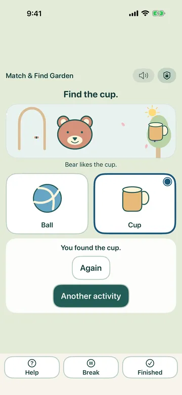 Match and Find Garden: a bear asks the child to find the cup, choosing between a ball and a cup