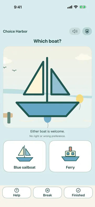 Choice Harbor: the child picks between a blue sailboat and a ferry, and either boat is welcome