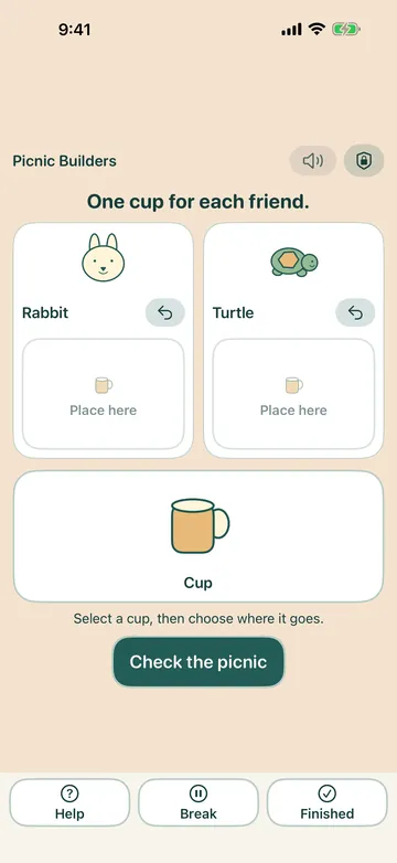 Picnic Builders: place one cup for each friend, a rabbit and a turtle