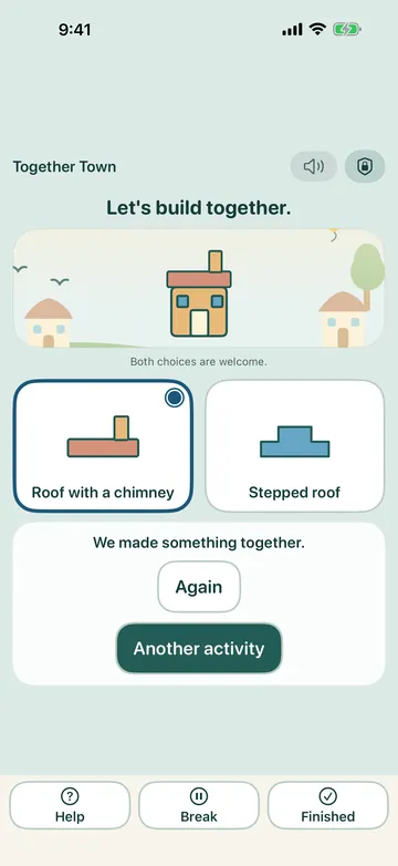 Together Town: taking turns to choose a roof and build a house with a grown-up