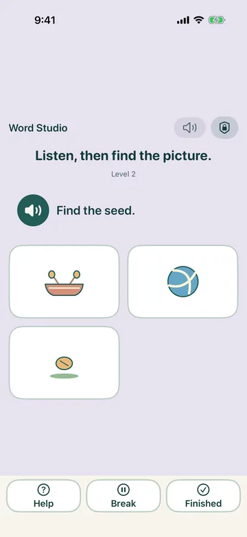 Word Studio for a four-year-old: a speaker button says find the seed, with a boat, a ball and a seed to choose from