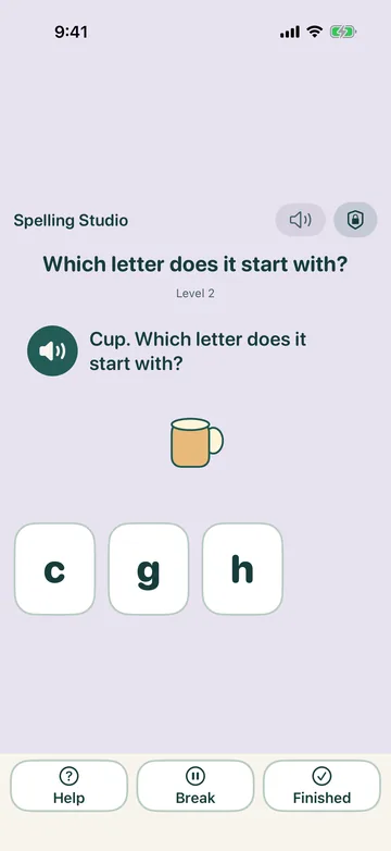Spelling Studio for a four-year-old: a picture of a cup asks which letter it starts with, with the letters c, g and h