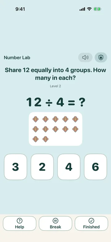 Number Lab for a ten-year-old: share 12 equally into 4 groups, with twelve flowers to count and four number choices