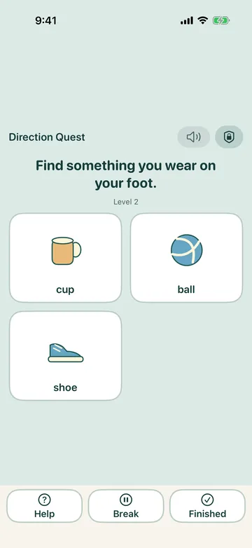 Direction Quest for a four-year-old: find something you wear on your foot, choosing between a cup, a ball and a shoe