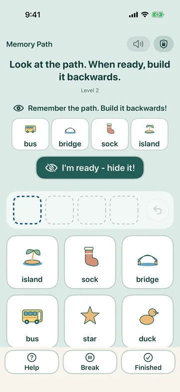 Memory Path for a ten-year-old: remember a path of bus, bridge, sock and island, then hide it and build it backwards